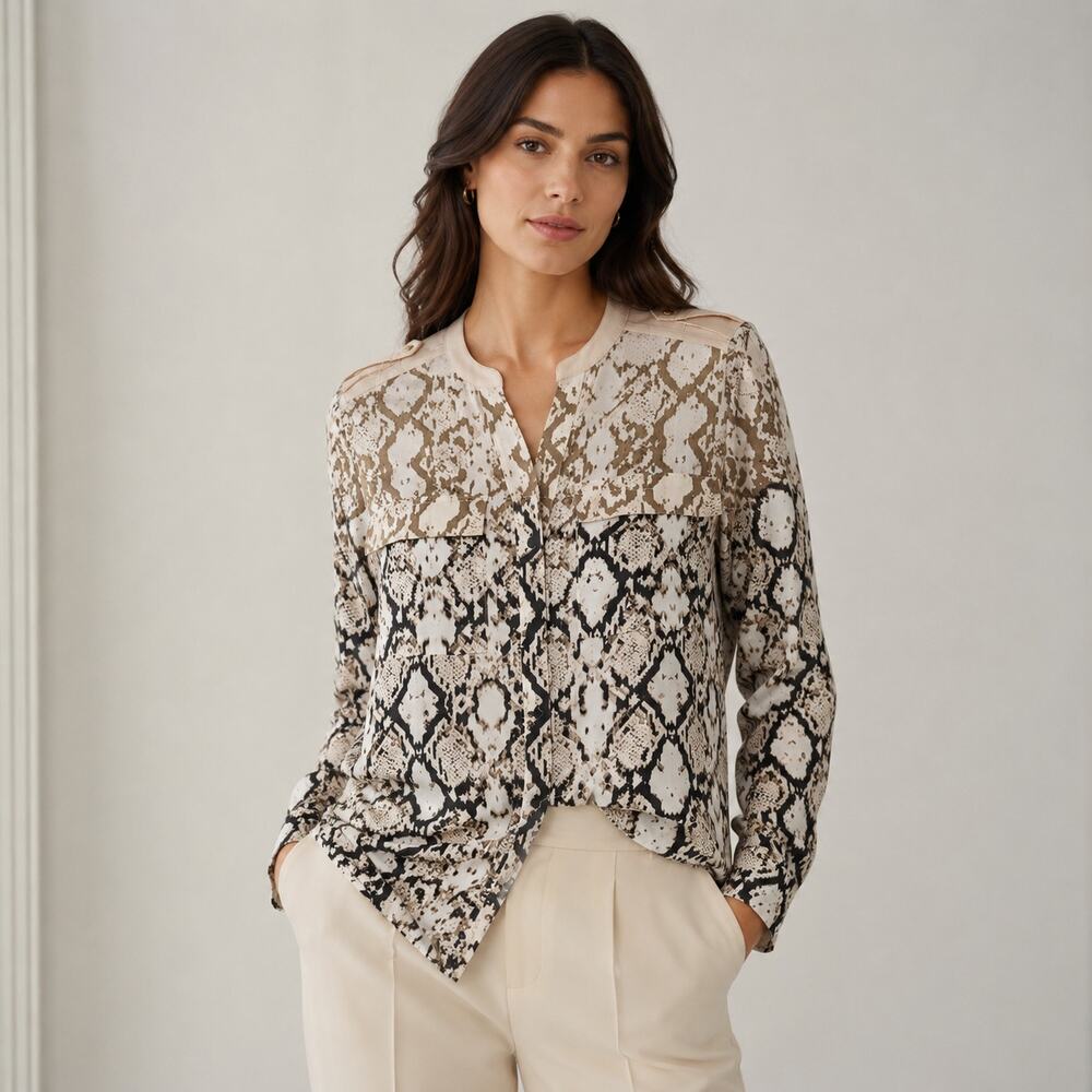 Calvin Klein Snakeskin Ombre Blouse M Neutral Animal Print Chic CBK Quiet Luxury